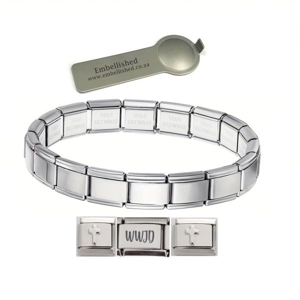Charm Link Cross What Would Jesus Do Bracelet Silver -9mm