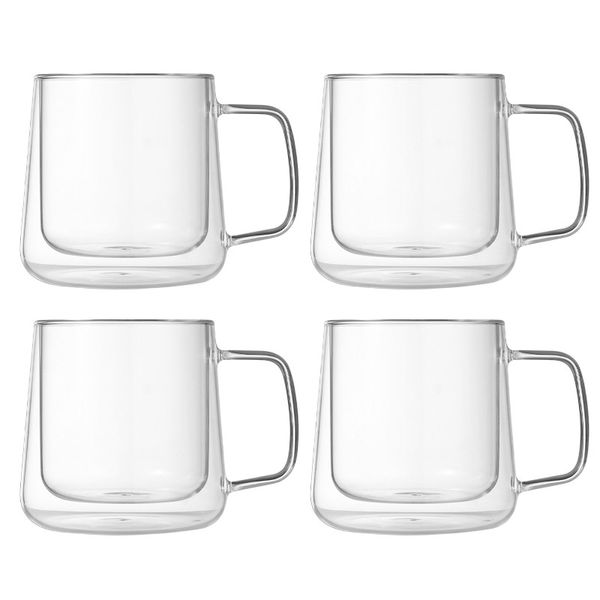 4-Pack 400ml Double-Walled Borosilicate Glass Mug - Transparent