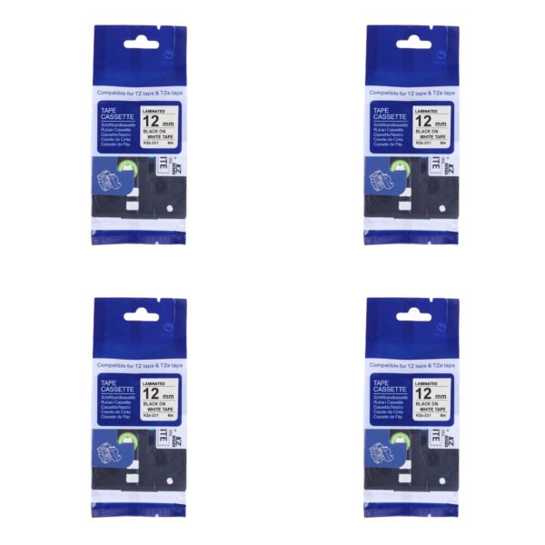 Waterproof Label Tape 12mm x 8m-Compatible with Brother TZ-231 - 4 Pack