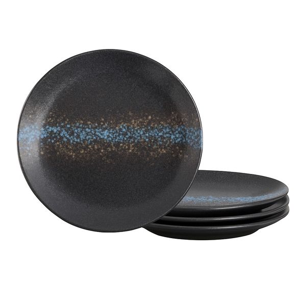 4 Piece -Modern Japanese Ceramic Dinner Plate with Blue Glaze Accent -Black