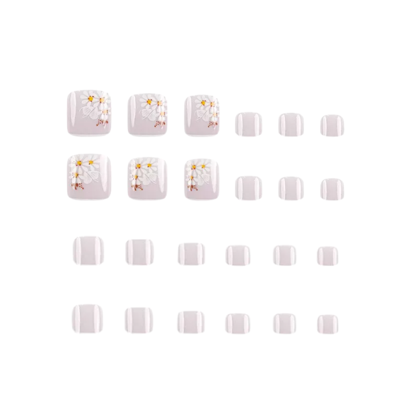 24pcs Short Square Press-On Toenails With Elegant Daisy Design - Pink/White