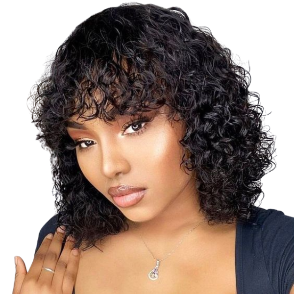 Brazilian 100% Human Hair Curly Wig with fringe 14 inch / 35 cm