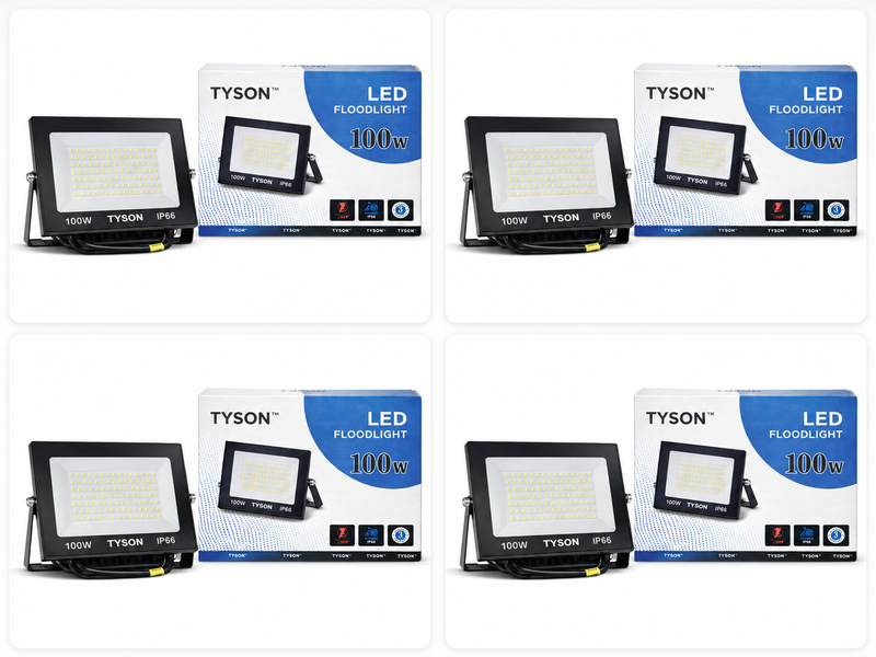 Tyson 100W LED Floodlight 4 PACK- IP66 Outdoor Light- 3 Year Warranty