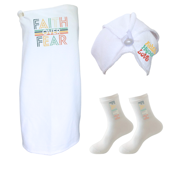 Ladies Appreciation Gift-Wrap,Hair Towel&amp;Non-Slip Socks-Faith Over Fear