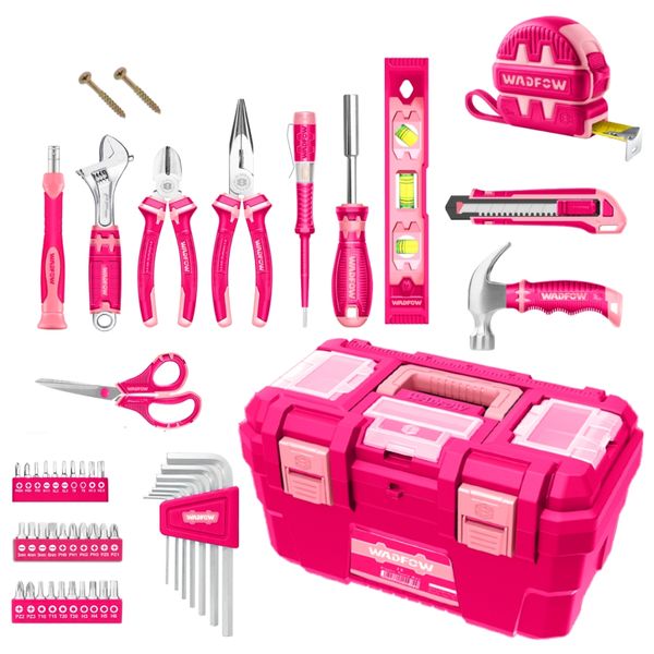 Wadfow - Pink Hand Tool Set with Plastic Toolbox - 89 Pieces