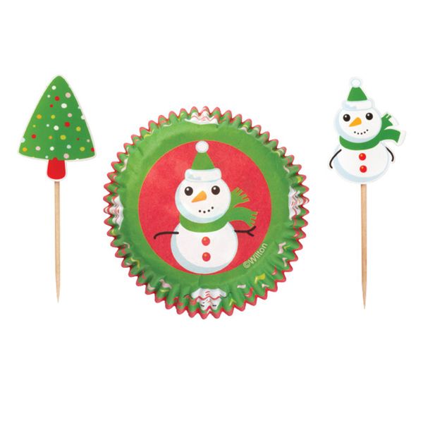 24 Pack Snowman Christmas Frosted Fun Cupcake Baking Cup Cases Picks Combo