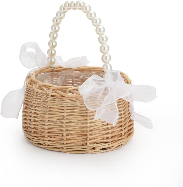 Wicker Rattan Picnic Basket with Pearl Handle, 6.5 x 7.8in