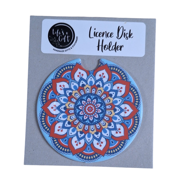 Licence Disk Holder-Beautiful Red &amp; Blue Mandala Flower with Pointy Petals