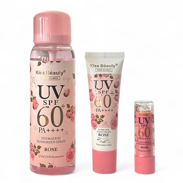 Set of 3 - Kiss Beauty Rose Sunscreen Spray Lip Balm Hand Cream