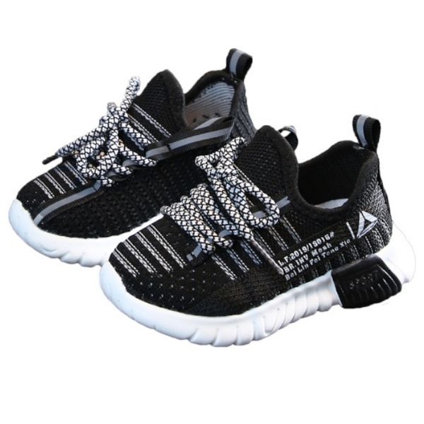 Olive Tree-Kids Athletic Knit Soft Sole Non-Slip Laced Sneakers-Black