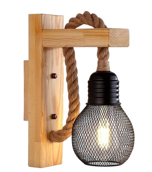Industrial Style Wooden Wall Light With Hemp Rope
