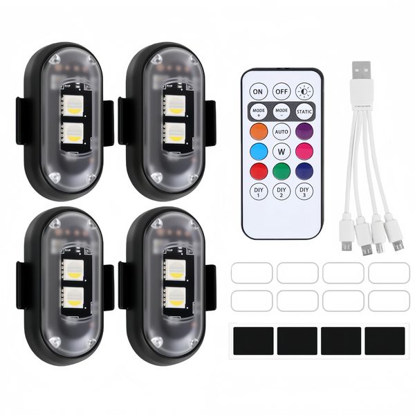 4 Pack -8 Color LED Strobe Warning Light - Wireless Remote, Universal