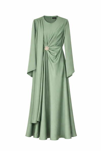 Unique Elegant Modest Floor Length Dress with Draped Front Detail - Beige