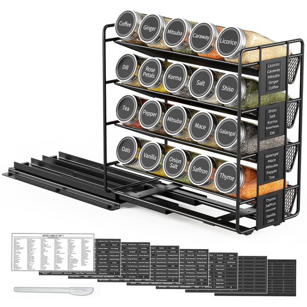 Pull Out Spice Rack Organizer With 20 Glass Jars and Stickers Left Facing