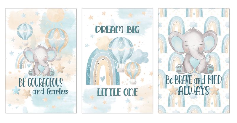 Kids Wall Art: Watercolour Elephant Printed Poster (Set of 3)