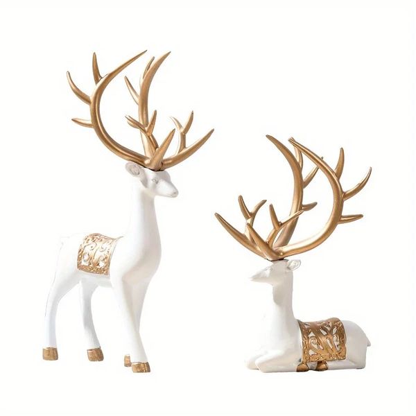 2pcs/Set Deer Statue, Golden Deer Christmas Decor, Elk Resin Reindeer