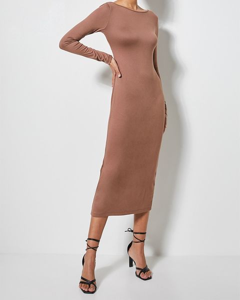 Women's VELVET Cut Out Back Column Midi Dress - Cognac