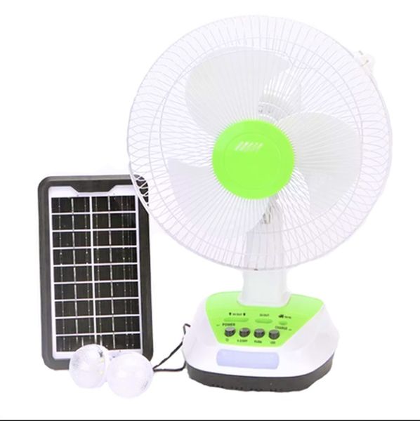 12 Inch Solar Rechargeable Fan With Solar Panel And 2 Light Bulb