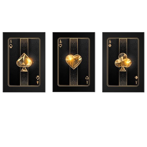 Canvas-Art-3 Pieces Black &amp; Gold Poker Cards Wall Art II