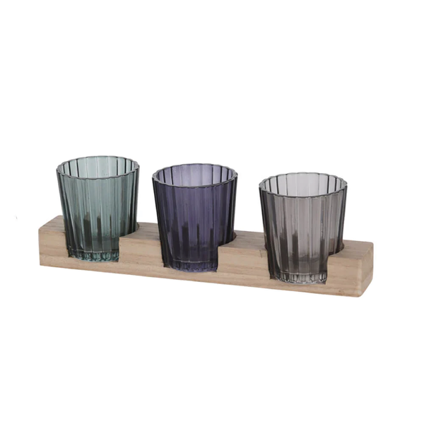 Glass Tealight Candle Holders on Wooden Tray - 3-Piece Set