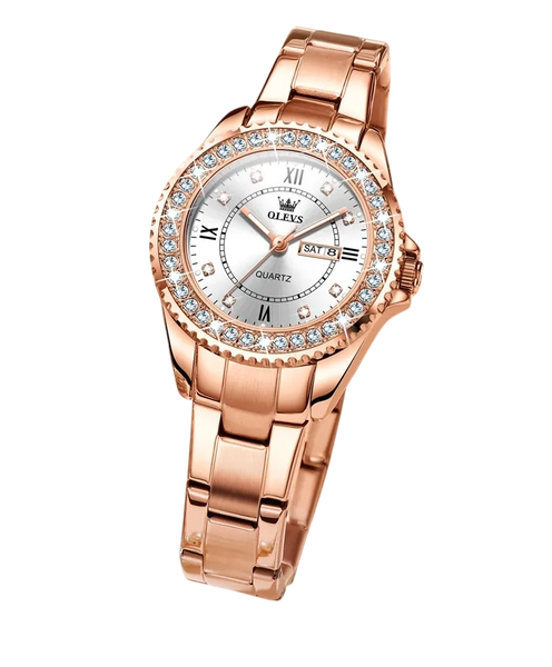 OLEVS Dual Calendar Quartz Watch For Women - Rose Gold