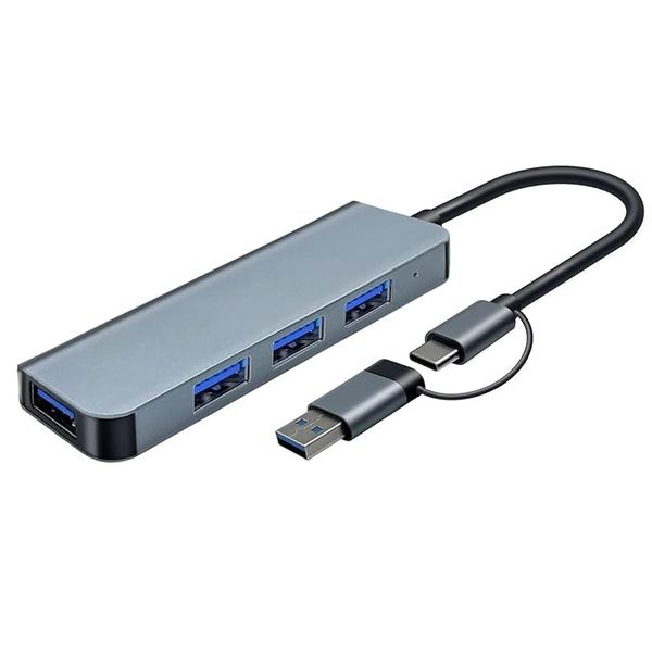 USB Hub with 4 Ports - Double Adapter USB C to USB 3.0 and 2.0, Aluminum