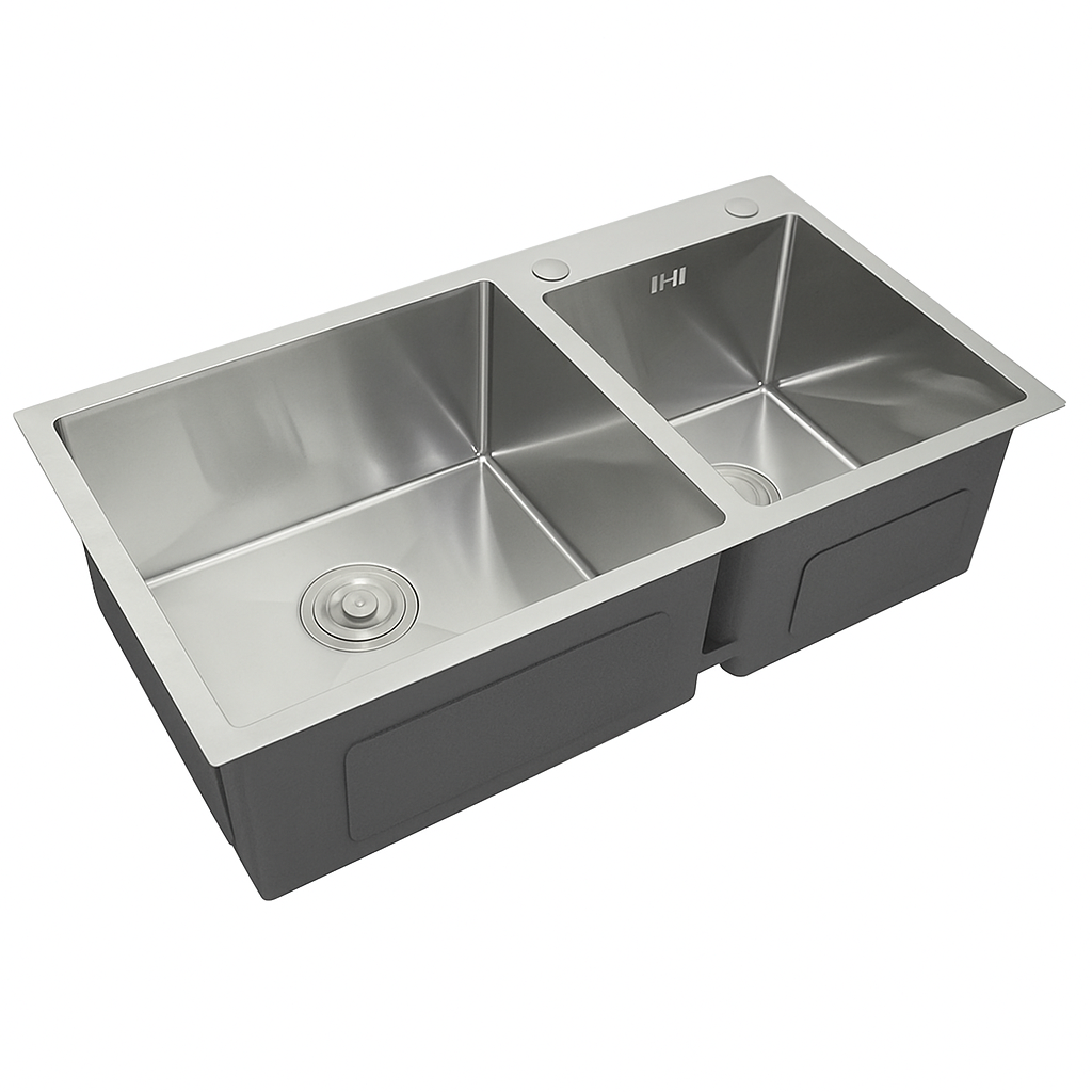 Double Basin Sink 80x45x20cm - With Draining Rack & Strainers