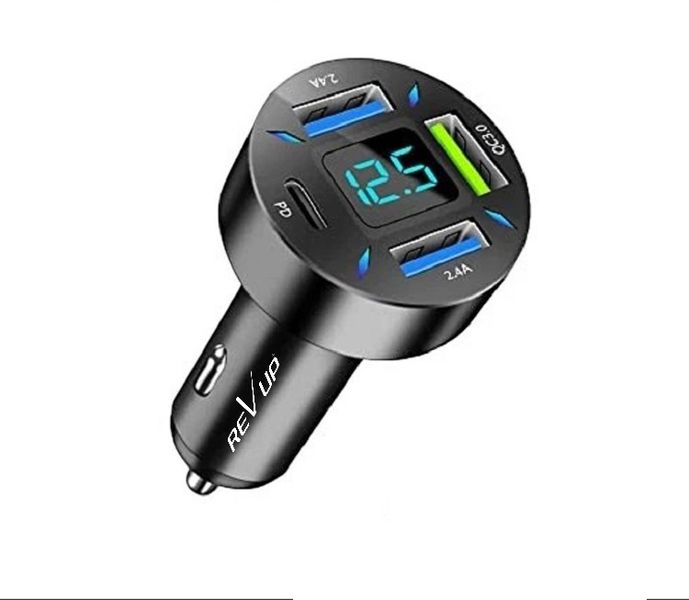 REVUP-4 Port Universal Mobile Phone Car Charger with Volt Display (12V/24V)