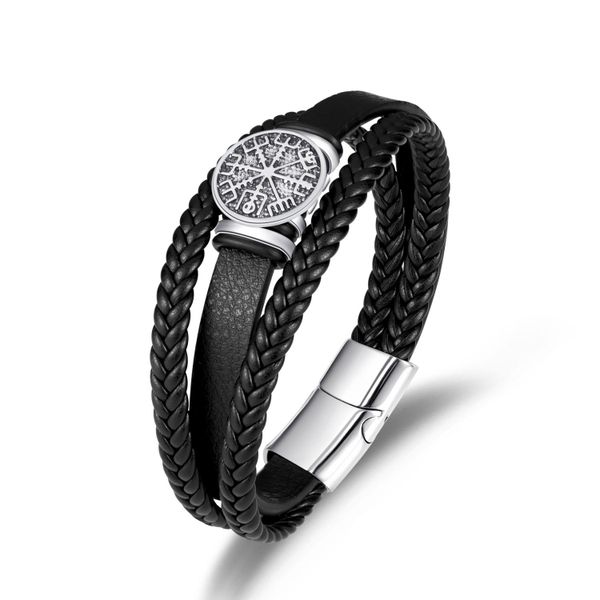 Compass Leather Bracelet For Men Alloy Charm Multi Layer Braided New