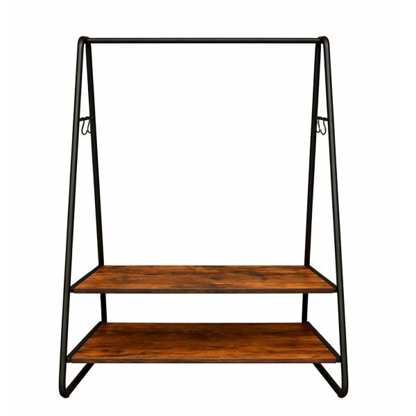 Clothes Rack with 2 Shelves &amp; Hooks - Industrial Style, 160cm Tall