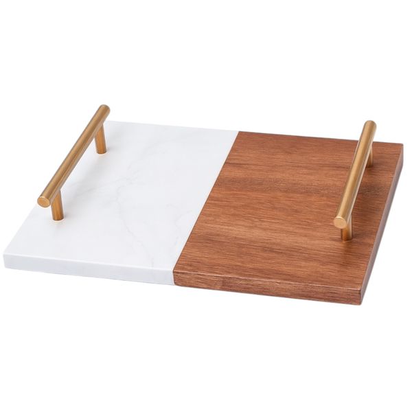 Elegant Marble and Acacia Wooden Serving Platter with Gold Handles