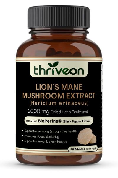 Thriveon 2000mg Lion's Mane Mushroom Extract with BioPerine - 90 Tablets