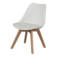 Plastic Chair with Leather Seat and Wooden Legs - White
