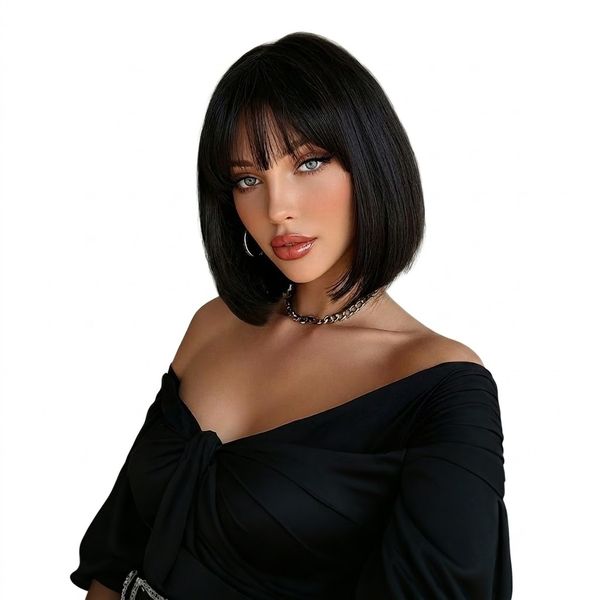 Joedir Glueless Straight Black Bob Wig with Bangs Human Hair Wig For Women