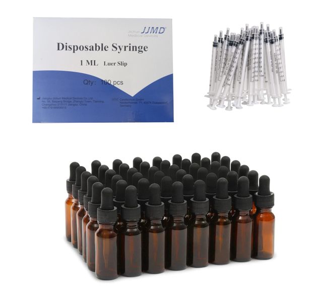 100 each 10ml Amber Medicine Bottles &amp; 1ml Syringe Aromatherapy Homeopathy