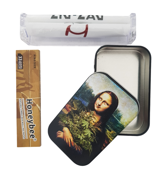 Cigarette Tin - Roller &amp; King Size Paper Combo - Stoned Mona Lisa