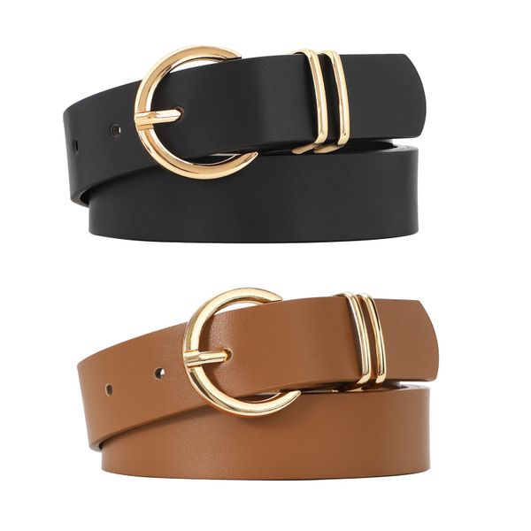 2 Pack Women's Leather Belts for Jeans Dresses Fashion Gold Buckle Belt