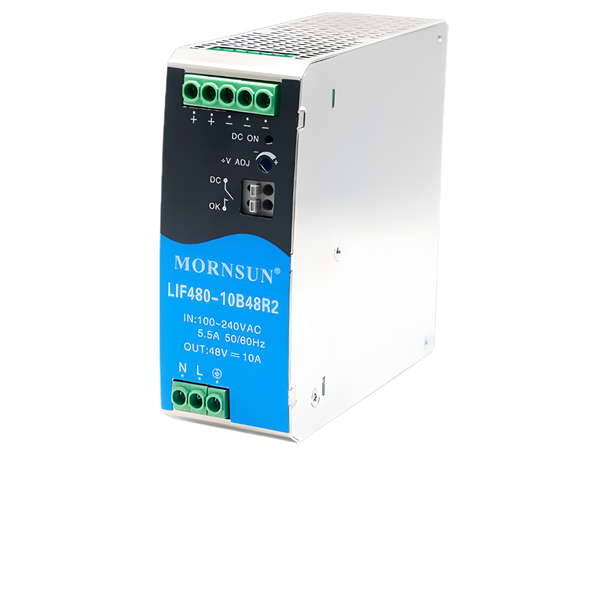 LIF480-10B48R2: 480W 48V/10A Slim DIN Rail AC/DC Supply, 94.5% Eff.
