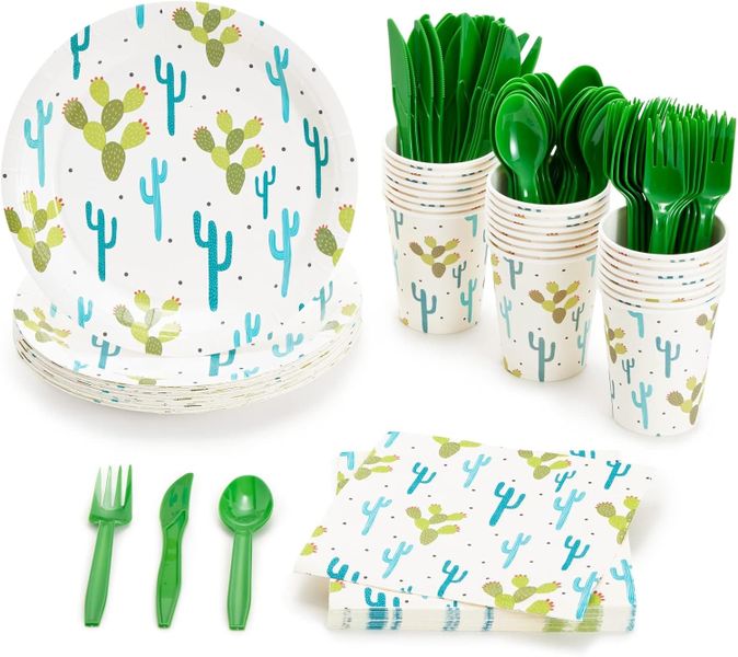 Topika -144 Piece Paper Party Plates, Cups, Napkins and Cutlery Set Cactus Theme
