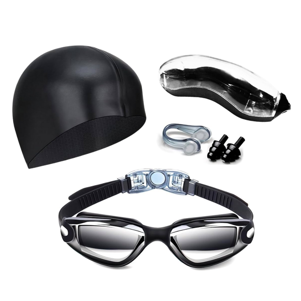 ARFAST-Adult Swimming Goggles Cap Ear Plugs Nose Clip 4-piece Swim Kit Set