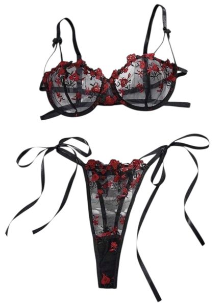 Black &amp; Red Floral Embroidery Lingerie Set image