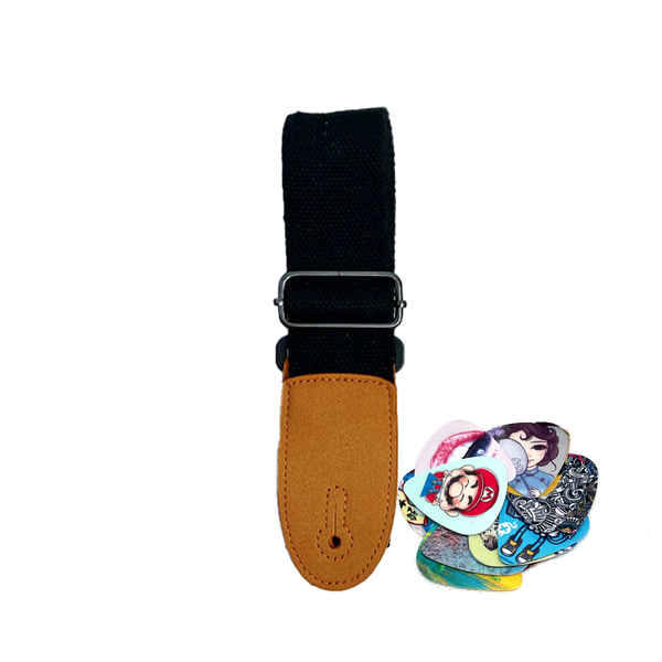 Cotton Guitar Strap Black with Tan Ends + 12 Assorted Guitar Picks