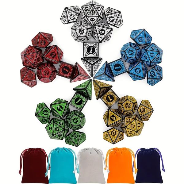 5-Set Vintage Engraved Polyhedral Dice (35pcs) W/ Colorful Pouches