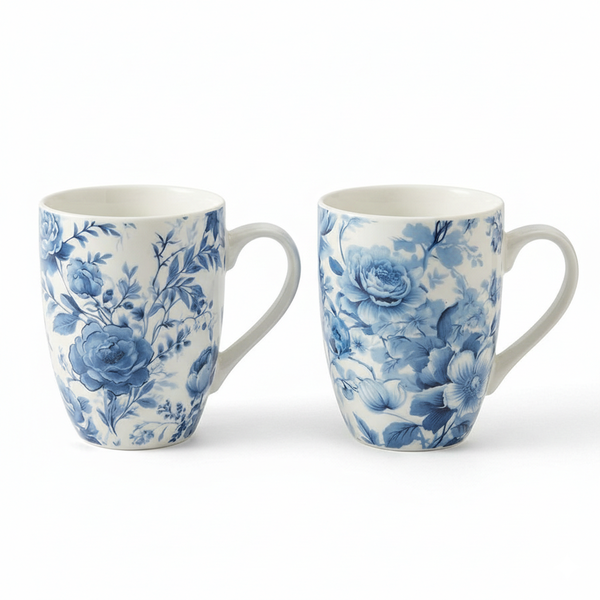 2-Pieces Blue &amp; White Floral Coffee Mugs, Mixed Designs