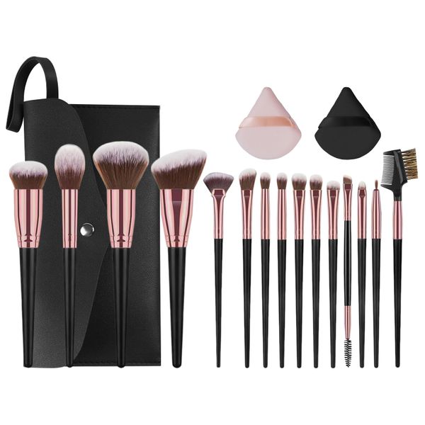 Professional Makeup Brushes Set, 15 Pieces with PU Bag and 2Powder Puffs