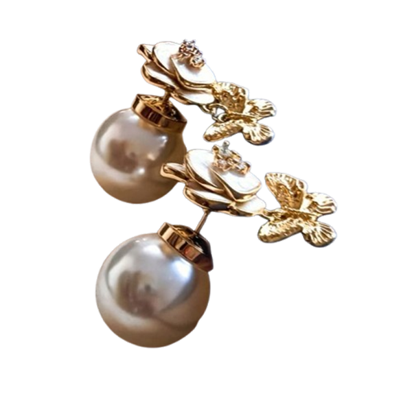 Women's Double Pearl Golden Floral Stud Earrings