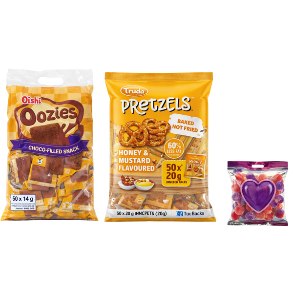 Truda Pretzels 50x20g + Oozies Chocolate Pillows + Vitamin Sweet Pack Bulk