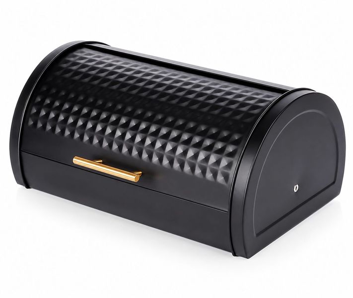 Metal Roll-Top Bread Box Storage Bin with Textured Finish and Gold Handle