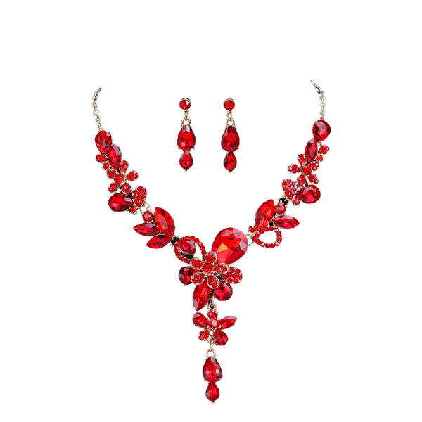 Crystal Flower Rhinestone Necklace and Earrings Set - Red