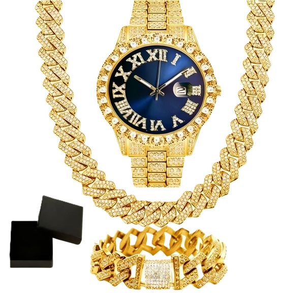 Luxurious Stylish Mens Watch And Iced Out Chain/Bracelet Set BLUE GOLD